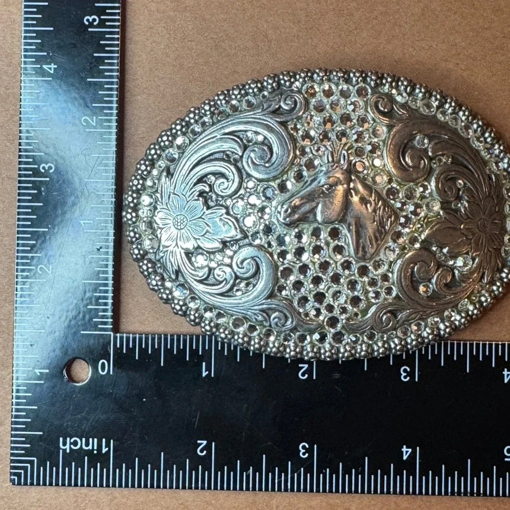 Nocona Silver Horse Head Rhinestone Western‎ Floral Scroll Oval Belt Buckle